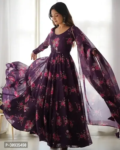 Stylish Purple Georgette Printed Stitched Gown With Dupatta For Women-thumb0