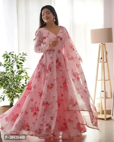 Stylish Pink Georgette Printed Stitched Gown With Dupatta For Women-thumb0