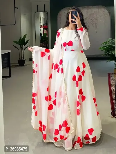 Stylish White Georgette Printed Stitched Gown With Dupatta For Women-thumb0