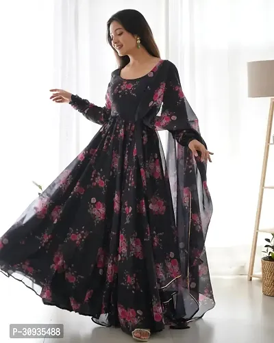 Stylish Black Georgette Printed Stitched Gown With Dupatta For Women-thumb0