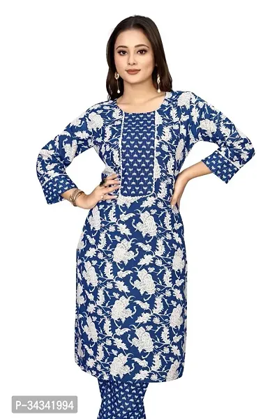 Stylish Blue Cotton Printed Kurta Bottom Set For Women-thumb2