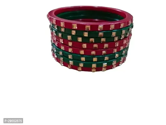 Rajasthan lehriya lac bangle set of red and green color with stones designing (2.4)