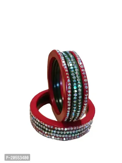 Rajasthani lac traditional bangle set of red and green color with stones designing (2.4)