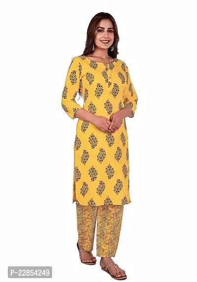 Mittal Trendz Yellow Floral Printed Cotton Kurti Pant Set for Women - Jaipuri Kurta Set - Kurta Set for Women  Girls-thumb0