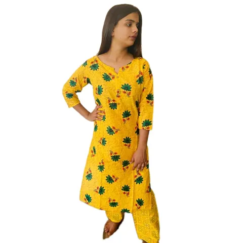 Mittal Trendz Floral Kurti Set (Large, Yellow)