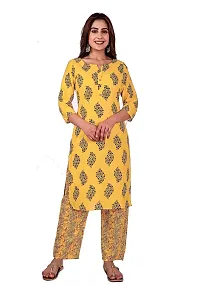 Mittal Trendz Yellow Floral Printed Cotton Kurti Pant Set for Women - Jaipuri Kurta Set - Kurta Set for Women  Girls-thumb1