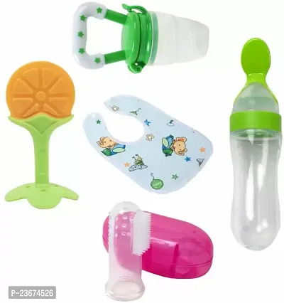 Baby Fruit Feeder Pacifier (1 Pcs) with 1 PCS Silicone Baby Food Dispensing Spoon 90ML and 1 pcs Fruit Teether 1pcs Finger Brush 1 pcs Baby bib