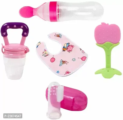 Baby Fruit Feeder Pacifier (1 Pcs) with 1 PCS Silicone Baby Food Dispensing Spoon 90ML and 1 pcs Fruit Teether 1pcs Finger Brush 1 pcs Baby bib