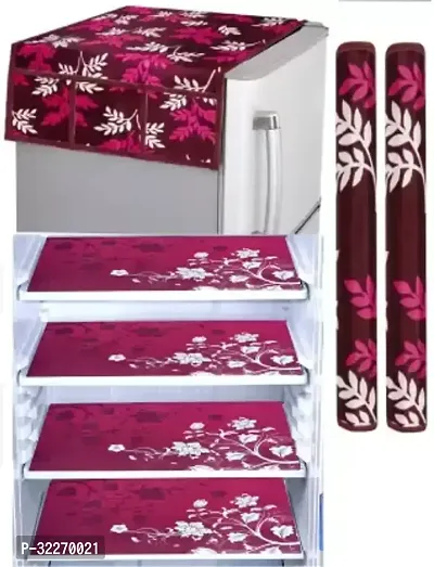 Stylish Multicoloured Art Silk Fridge Top Cover With Mat And Handle Cover Combo-thumb0