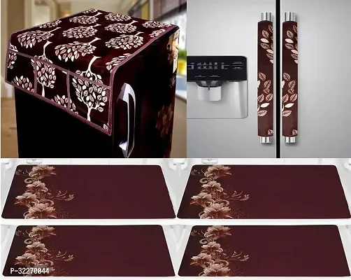 Stylish Maroon Art Silk Fridge Top Cover With Mat And Handle Cover Combo-thumb0