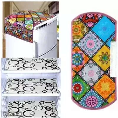 Stylish Multicoloured Art Silk Fridge Top Cover With Mat And Handle Cover Combo-thumb0