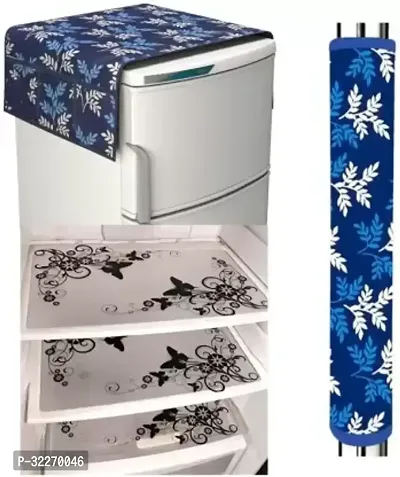 Stylish Multicoloured Art Silk Fridge Top Cover With Mat And Handle Cover Combo-thumb0