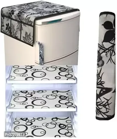 Stylish Multicoloured Art Silk Fridge Top Cover With Mat And Handle Cover Combo