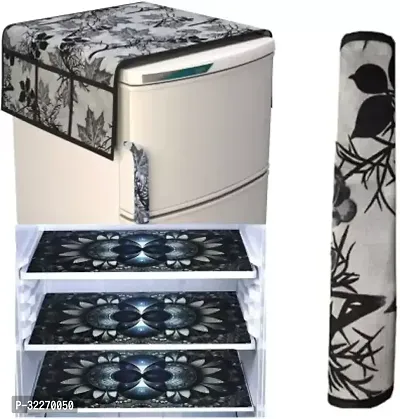 Stylish Multicoloured Art Silk Fridge Top Cover With Mat And Handle Cover Combo