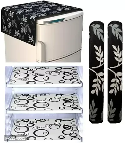 Stylish Multicoloured Art Silk Fridge Top Cover With Mat And Handle Cover Combo-thumb0