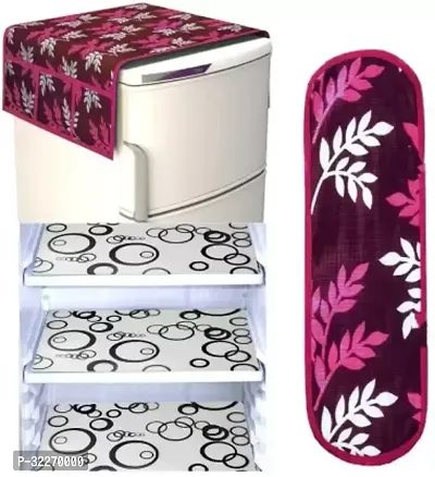 Stylish Multicoloured Art Silk Fridge Top Cover With Mat And Handle Cover Combo-thumb0