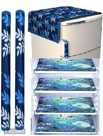 Stylish Blue Art Silk Fridge Top Cover With Mat And Handle Cover Combo-thumb0