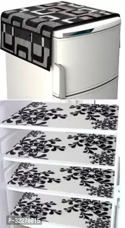 Stylish Multicoloured Art Silk Fridge Top Cover With Mat Combo-thumb0