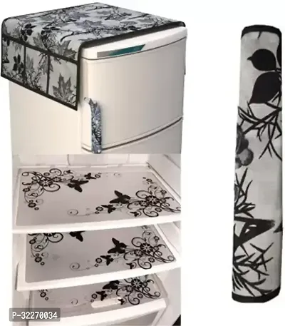 Stylish Multicoloured Art Silk Fridge Top Cover With Mat And Handle Cover Combo