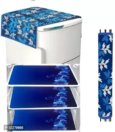 Stylish Blue Art Silk Fridge Top Cover With Mat And Handle Cover Combo-thumb0