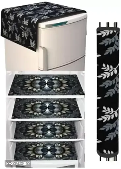 Stylish Multicoloured Art Silk Fridge Top Cover With Mat And Handle Cover Combo-thumb0