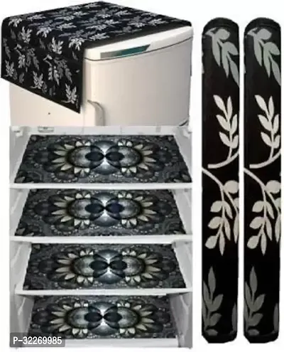 Stylish Black Art Silk Fridge Top Cover With Mat And Handle Cover Combo-thumb0