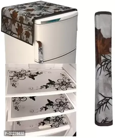 Stylish Multicoloured Art Silk Fridge Top Cover With Mat And Handle Cover Combo-thumb0