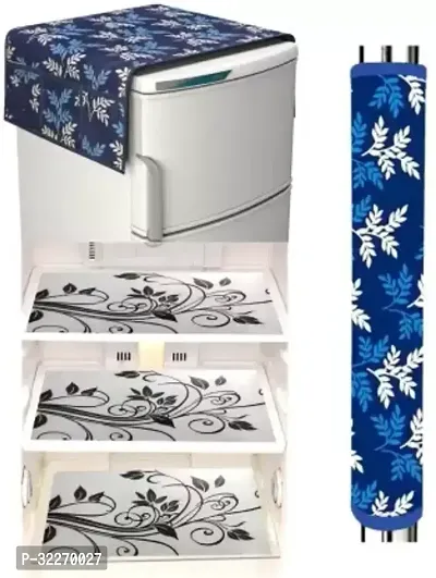 Stylish Multicoloured Art Silk Fridge Top Cover With Mat And Handle Cover Combo-thumb0