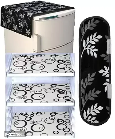 Stylish Multicoloured Art Silk Fridge Top Cover With Mat And Handle Cover Combo