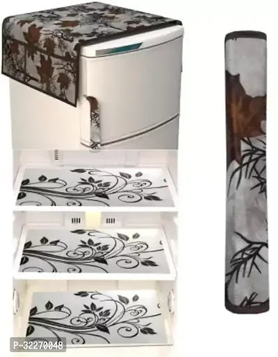 Stylish Multicoloured Art Silk Fridge Top Cover With Mat And Handle Cover Combo