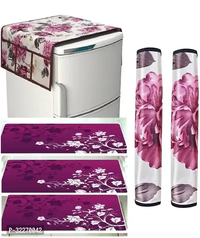 Stylish Multicoloured Art Silk Fridge Top Cover With Mat And Handle Cover Combo-thumb0