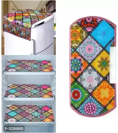 Stylish Multicoloured Art Silk Fridge Top Cover With Mat And Handle Cover Combo-thumb0