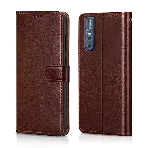 Cloudza Vivo V15 Pro Flip Back Cover | PU Leather Flip Cover Wallet Case with TPU Silicone Case Back Cover for Vivo V15 Pro Brown