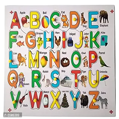 COLOBINE Wooden Capital Letter English Alphabets ABCD Puzzle Tray with Picture and Hooks Multicolor Learning Aid for Kids 2 Years,3 Years, and Above Boys and Girls, Kindergartener and Preschooler-thumb0
