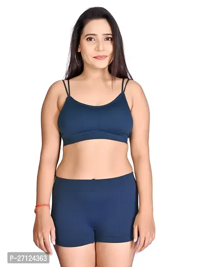 Stylish Navy Blue Solid Bra And Panty Set For Women