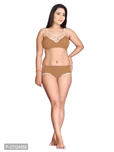 Stylish Beige Solid Bra And Panty Set For Women-thumb0