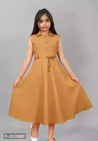 Stylish Mustard Cotton Blend Solid Sleeveless Dress For Girls-thumb0