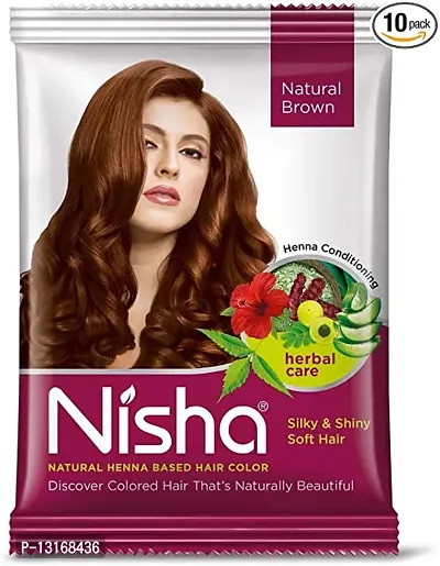 Nisha Hair Color Dye Henna Based Natural Hair Color Powder Without Ammonia Natural Brown 15Gm Sachet Pack of 10 (Natural Brown, 15gm Pack of 10)