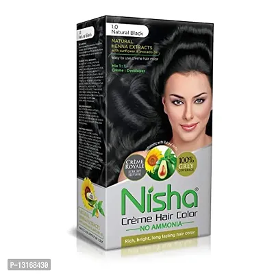 Nisha Cream 1.0 Natural Black Hair Color  Long-Lasting, Permanent, Bright, Shiny, Hair Colour For Women  Ammonia Free Black Hair Colour  60ml + 60gm-thumb0