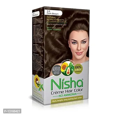 Nisha Cream Hair Color, Dark Brown Hair Color, Permanent Hair Colour Cr&egrave;me, Shade 3.0, Ammonia Free, Unisex Hair Colour, 60gm + 60ml (Pack 1)-thumb0