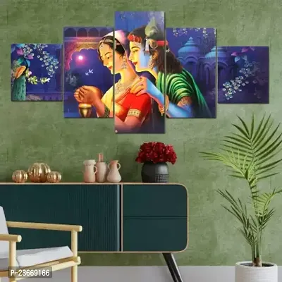 Classic  Radha Krishna Wall Paintings for Bedroom - Set Of 5 3D Painting For LivingRoom Digital Reprint 24 inch x 50 inch Painting  (With Frame)-thumb0