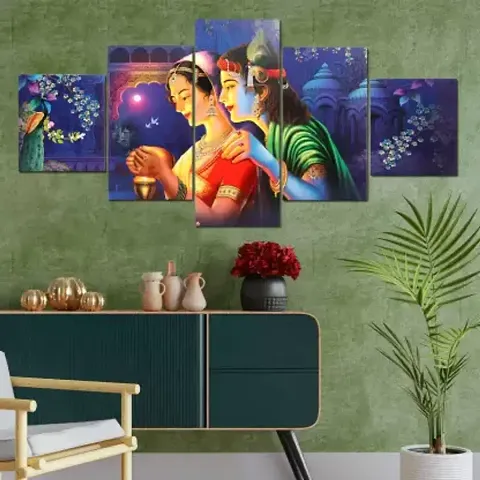 Classic  Radha Krishna Wall Paintings for Bedroom - Set Of 5 3D Painting For LivingRoom Digital Reprint 24 inch x 50 inch Painting  (With Frame)
