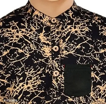 Made In The Shade 100% Cotton Full Sleeve Mandarian Collar Kurta for Boys, Printed Black Golden-thumb3