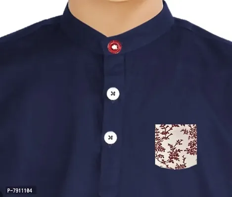 Made In The Shade 100% Cotton Mandarin Collar Boy's Kurta With Printed Pocket And Trouser Set, Navy-thumb3