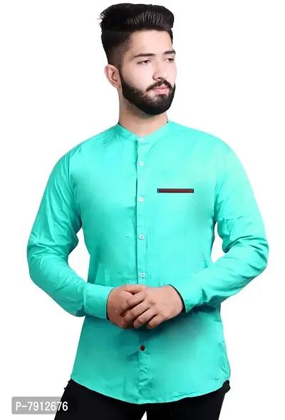 Made In The Shade Men's 100% Cotton Shirt with Printed Pocket, Mandarin Collar Green