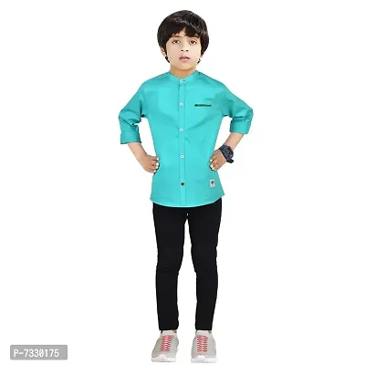 Made In The Shade Boys 100% Cotton Full Sleeve Shirt With Printed Pocket And Trouser Set, Mandarin Collar, Casual