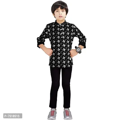 Made In The Shade Boy's Cotton Short Black Diamond Print Kurta and Solid Black Trouser Set, 100% Cotton, 14-15 Years