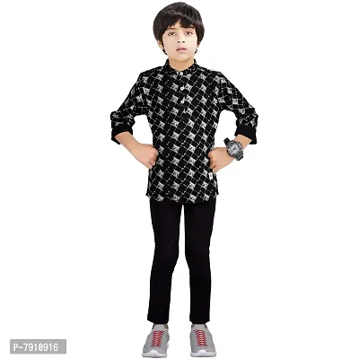 Made In The Shade Boy's Cotton Short Black Diamond Print Kurta and Solid Black Trouser Set, 100% Cotton, 14-15 Years-thumb0