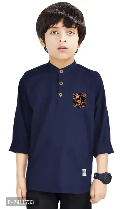 Made In The Shade 100% Cotton Boy's Full Sleeve Kurta with Printed Pocket Navy