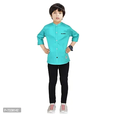 Made In The Shade Boys Pure Cotton Shirt With Printed Pocket And Trouser Set, Mandarin Collar